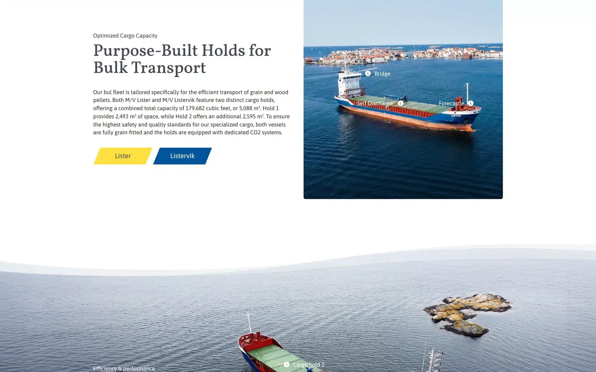 Avsnittet Purpose-Built Holds for Bulk Transport: text om lastkapacitet till vänster, och till höger ett flygfoto av fartyget med tre klickbara punkter utsatta på skrovet.