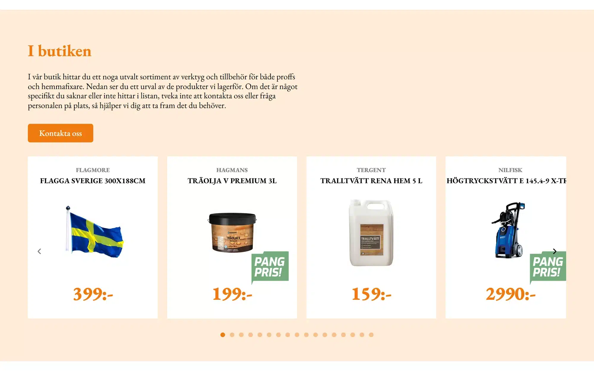 Avsnittet I butiken: en karusell med produkter där varje kort visar märke, produktnamn, en frilagd produktbild och pris.