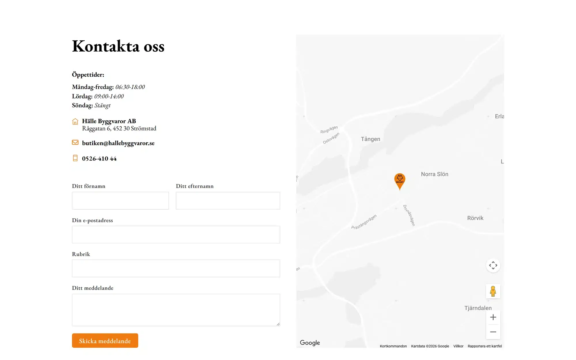 Kontaktsidan med öppettider, adress, telefon och mejl bredvid en karta som visar butikens läge i Strömstad.