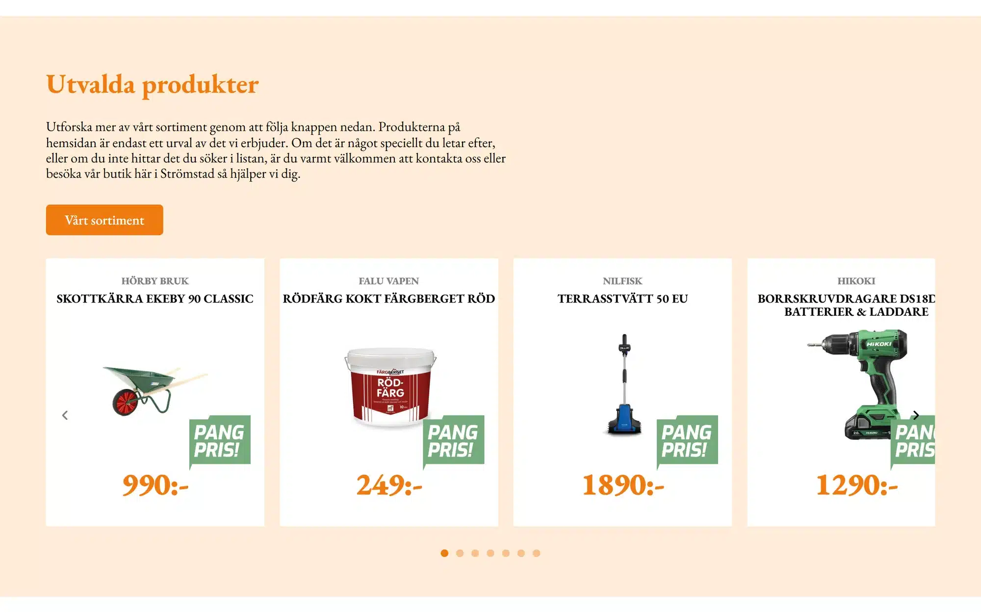 Avsnittet Utvalda produkter på startsidan: fyra produktkort i rad med skottkärra, rödfärg, terrasstvätt och borrskruvdragare, alla med pris och prismärke.