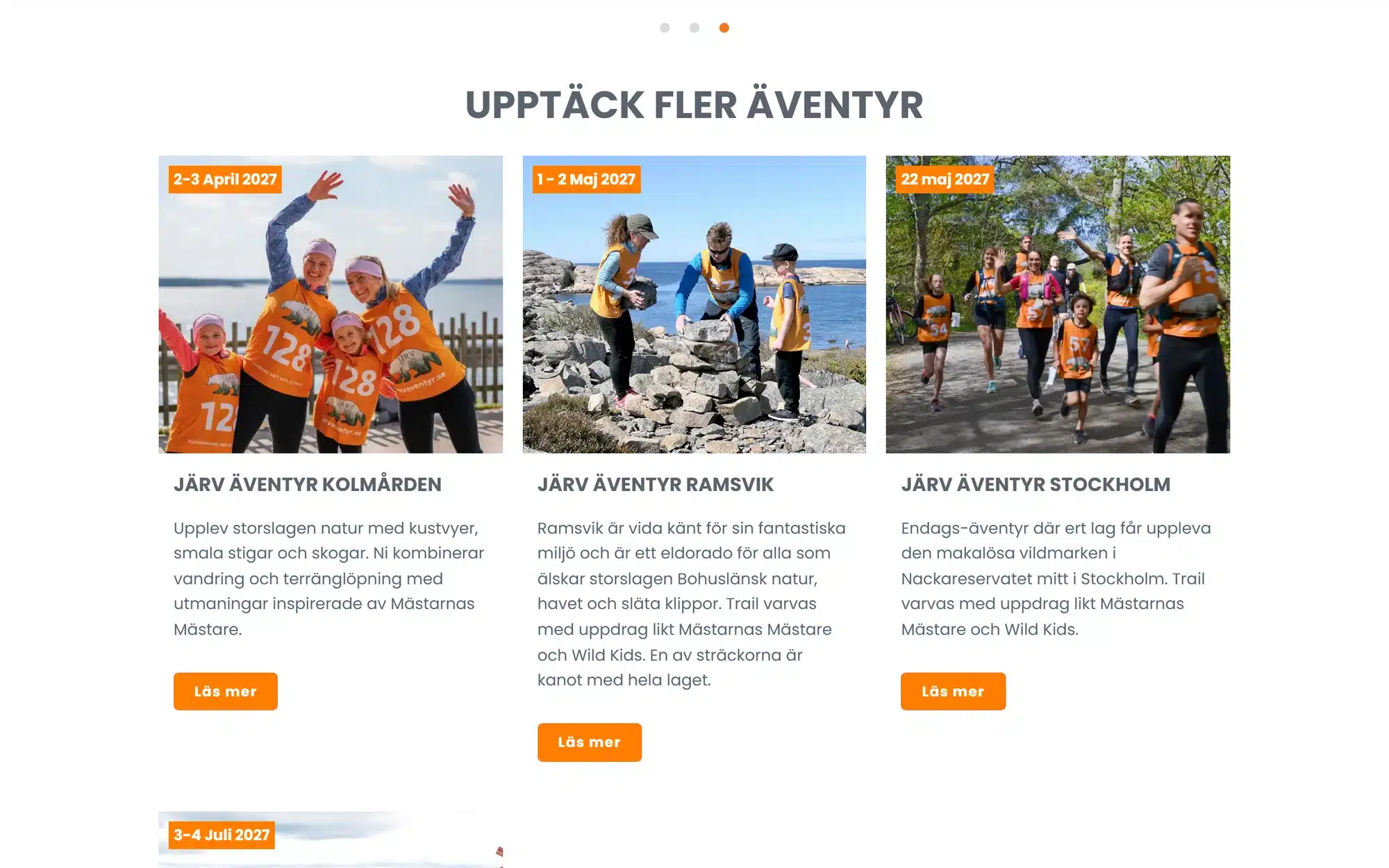 Blocket Upptäck fler äventyr med kort för andra destinationer, var och en med datum, ortsnamn och en kort beskrivning.
