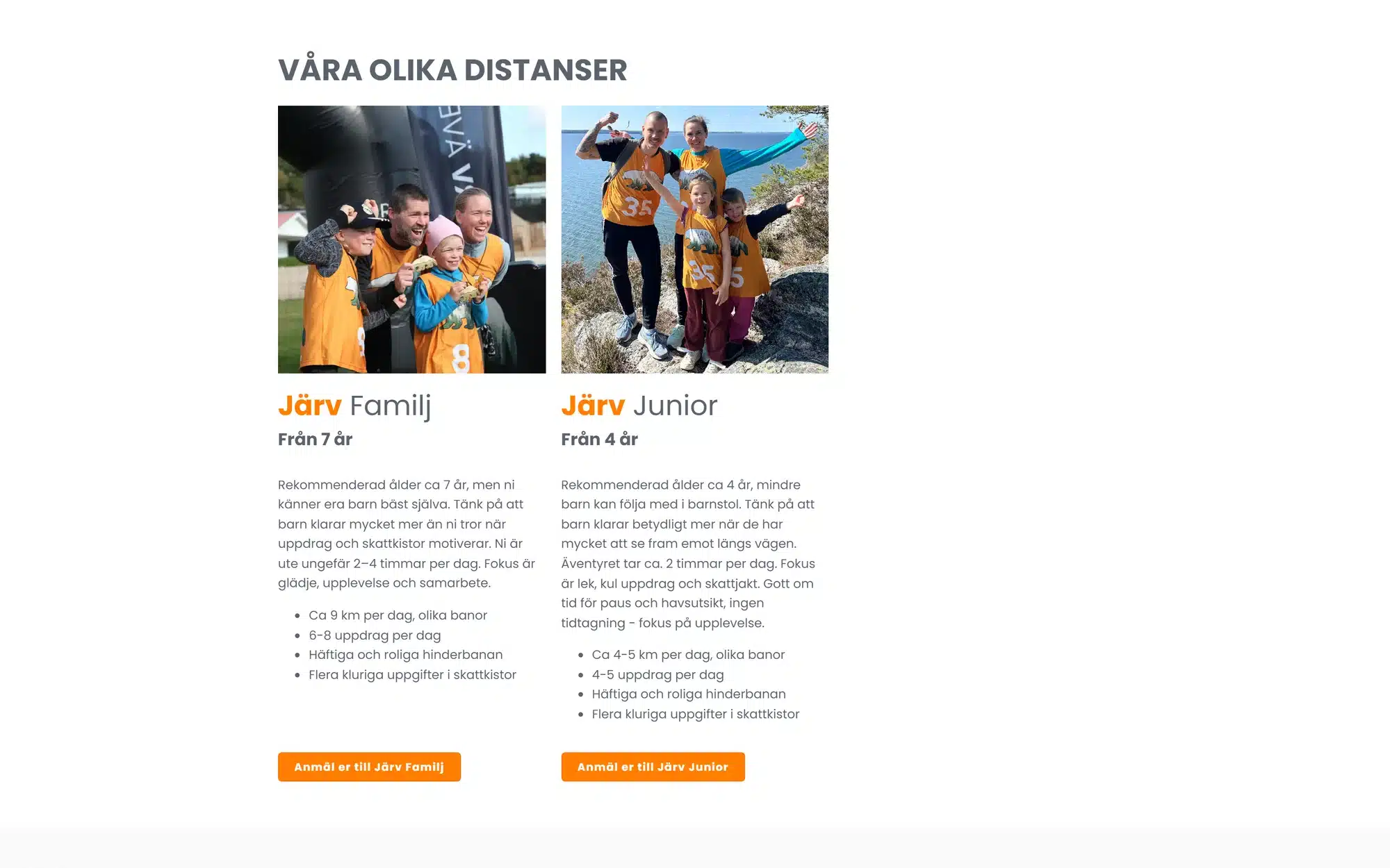 Blocket Våra olika distanser med kort för Järv Familj och Järv Junior, var och en med åldersgräns och beskrivning.