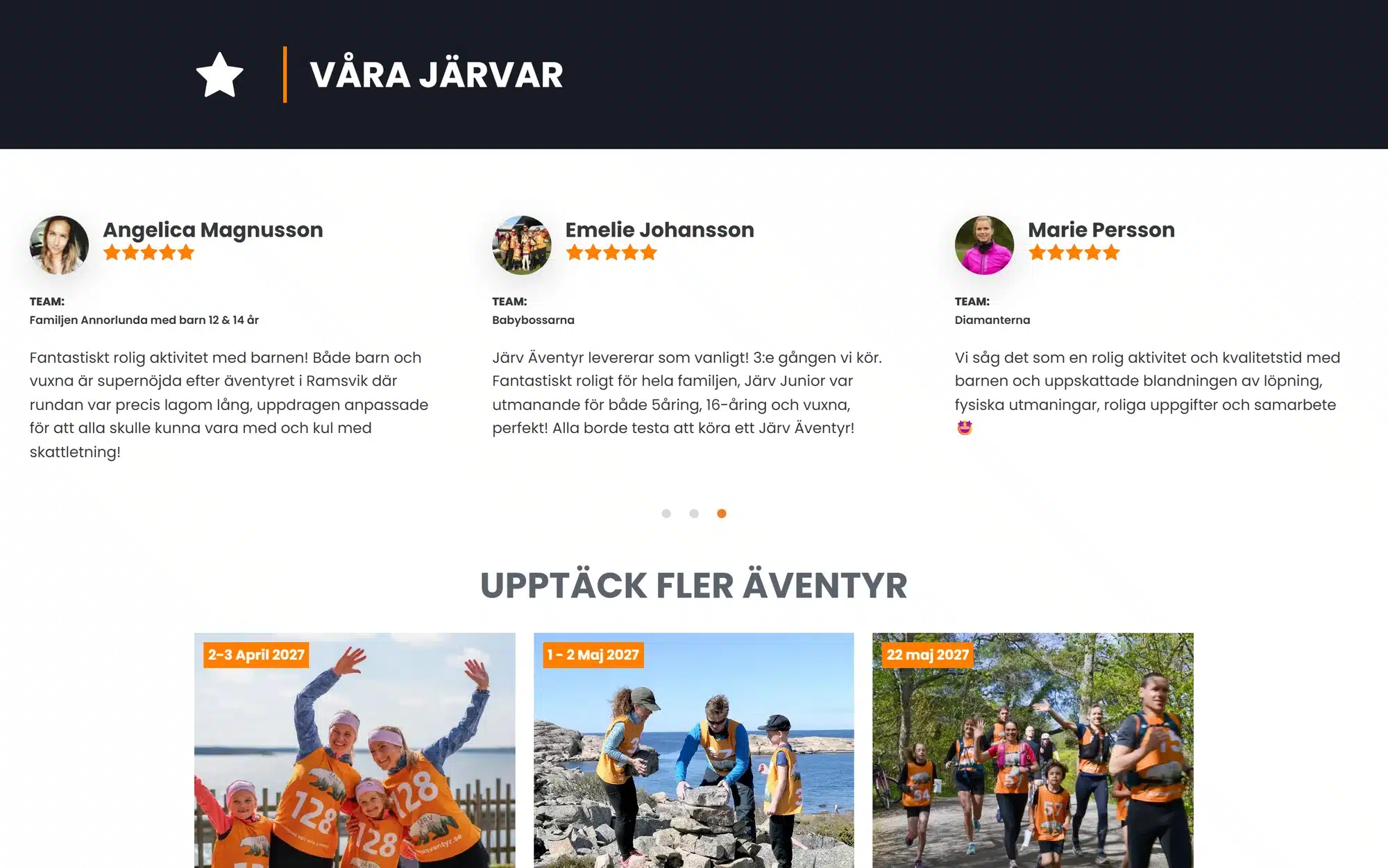 Blocket Våra Järvar med tre recensioner: varje kort har porträtt, namn, fem stjärnor, lagnamn och en text från deltagaren.