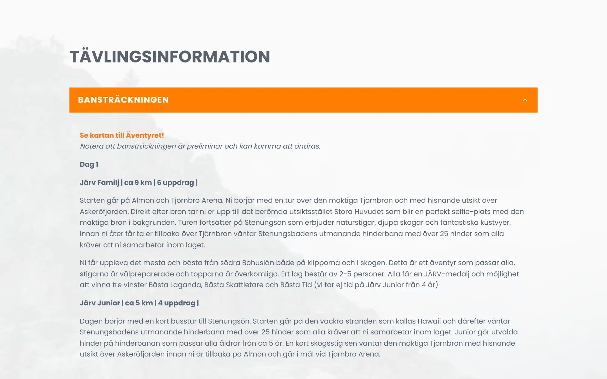 Blocket Tävlingsinformation med fem orange rader som fälls ut, där den första visar bansträckningen dag för dag.
