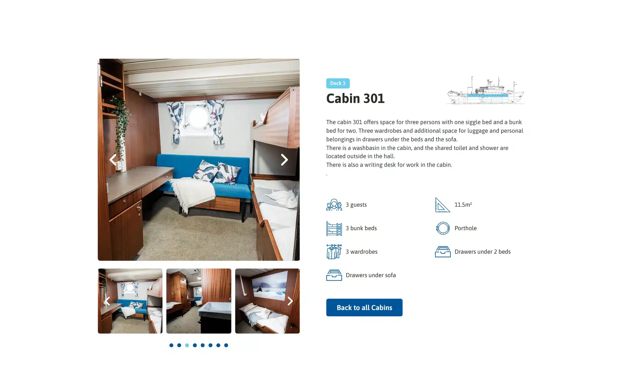 Hyttsidan för Cabin 301 på Polar Athena: bildkarusell till vänster, och till höger däcksmärkning, yta i kvadratmeter, antal gäster, sängtyp och utrustning som ikoner.