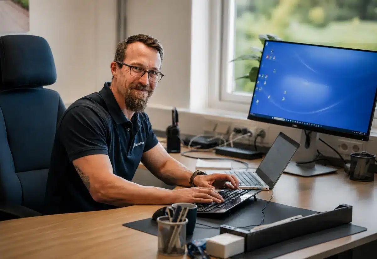 Christian Askland vid sitt skrivbord på Olsson Parts, i företagets pikétröja, med handen på tangentbordet.